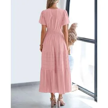 BTFBM Womens Summer 2025 Casual Midi Maxi Dresses Lightweight Short Sleeve V Neck Elastic Waist Boho Beach Dress Pockets(Bean Paste Pink, Large)