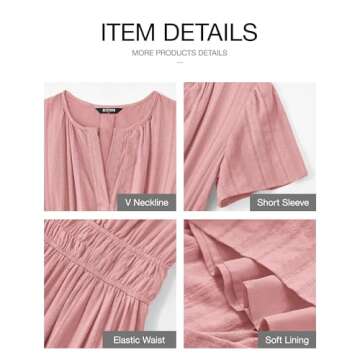 BTFBM Womens Summer 2025 Casual Midi Maxi Dresses Lightweight Short Sleeve V Neck Elastic Waist Boho Beach Dress Pockets(Bean Paste Pink, Large)