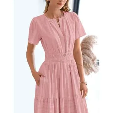 BTFBM Womens Summer 2025 Casual Midi Maxi Dresses Lightweight Short Sleeve V Neck Elastic Waist Boho Beach Dress Pockets(Bean Paste Pink, Large)
