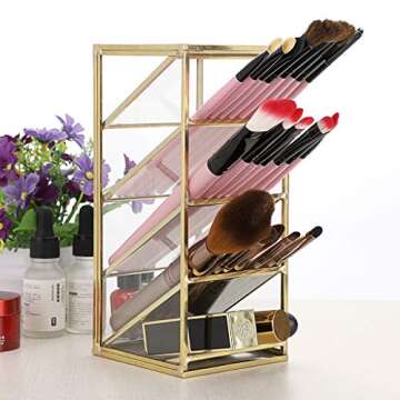 Hipiwe Gold Metal Desk Organizer - Elegant Glass Makeup & Office Storage Solution