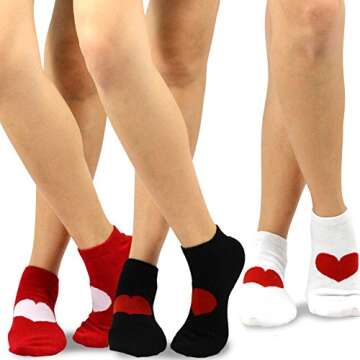 TeeHee Valentine's Day Hearts and Love Women's Low Cut Ankle Crew Cotton Socks 3 Pairs (Big Heart)