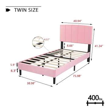 alazyhome Upholstered Twin Size Pink Platform Bed Frame with Velvet Upholstered Headboard Wooden Sla...