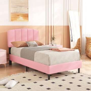 alazyhome Upholstered Twin Size Pink Platform Bed Frame with Velvet Upholstered Headboard Wooden Slats Support No Box Spring Needed Easy Assembly