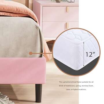 alazyhome Upholstered Twin Size Pink Platform Bed Frame with Velvet Upholstered Headboard Wooden Slats Support No Box Spring Needed Easy Assembly