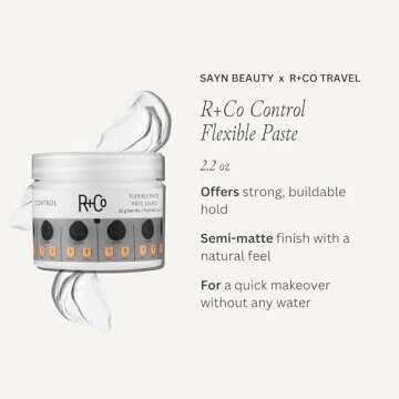 R+Co Travel Essentials | Control Flexible Paste(2.2 Oz) + Television Perfect Hair Shampoo and Conditioner Set (2 Oz) | Body + Shine + Smoothing for All Hair Types | Vegan + Cruelty-Free | Sayn Beauty