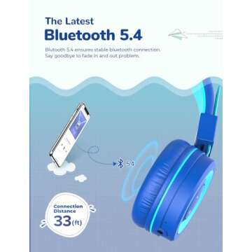 iClever Kids Bluetooth Headphones, BTH02 93H Playtime Type C Fast Charging, 85 dBA Safe Volume, Bluetooth 5.4, Adjustable Kids Headphones, Foldable Kids Wireless Headphones with MIC for iPad, Blue