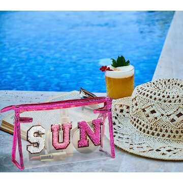 COSHAYSOO Clear Makeup Bag Preppy Sunscreen Pouch Waterproof Beach Pool Travel Things Summer Stuff Traveling Cosmetic Accessories for Women Teen Girl Gift with Cute Chenille Letter Patch Pink SUN