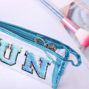 COSHAYSOO Clear Makeup Bag Preppy Sunscreen Pouch Waterproof Beach Pool Travel Things Summer Stuff Traveling Cosmetic Accessories for Women Teen Girl Gift with Cute Chenille Letter Patch Pink SUN
