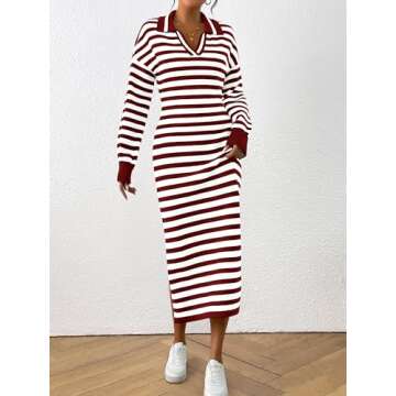 MASCOMODA Womens Fall Dresses 2024 Striped Sweater Dress Casual Long Sleeve V Neck Collared Loose Si...