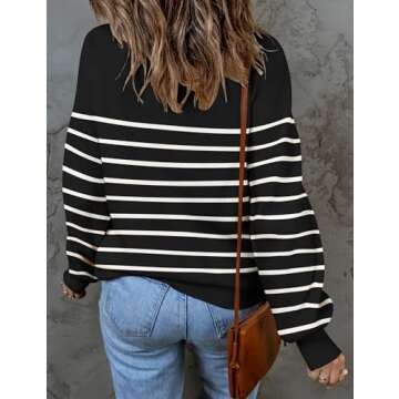 ZESICA Women's Fall Fashion Turtleneck Long Sleeve Striped Ribbed Knit Loose Pullover Sweater Tops,Black,Small