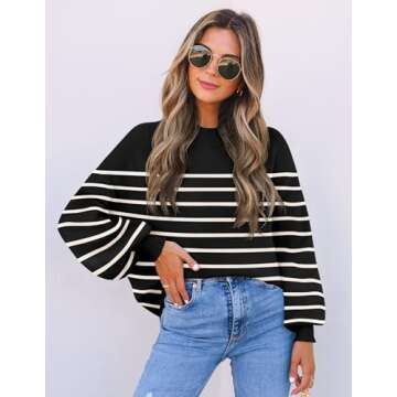 ZESICA Women's Fall Fashion Turtleneck Long Sleeve Striped Ribbed Knit Loose Pullover Sweater Tops,Black,Small