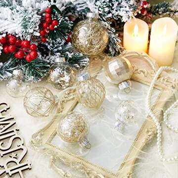 30ct Christmas Ball Ornaments-60mm/2.36" Shatterproof Clear Plastic Xmas Balls Baubles Set with Stuffed Delicate Sparkling, Hanging Christmas Tree Decorations (Champagne Gold)