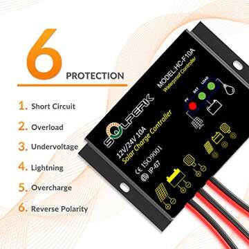SOLPERK 10A Solar Charge Controller Waterproof Solar Panel Controller 12V/24V PWM Solar Panel Battery Intelligent Regulator for RV Boat car ，with LED Display