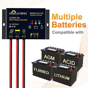 SOLPERK 10A Solar Charge Controller Waterproof Solar Panel Controller 12V/24V PWM Solar Panel Battery Intelligent Regulator for RV Boat car ，with LED Display