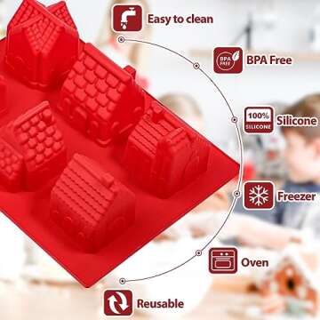 Kamehame Gingerbread House Cake Mold, Christmas Gingerbread House Baking Mold, 6 Cavity 3D Silicone Gingerbread House Pan for Cake Decoration, Cupcake, Soap, Pudding