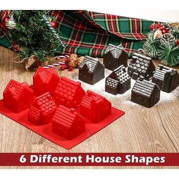 Kamehame Gingerbread House Cake Mold, Christmas Gingerbread House Baking Mold, 6 Cavity 3D Silicone Gingerbread House Pan for Cake Decoration, Cupcake, Soap, Pudding