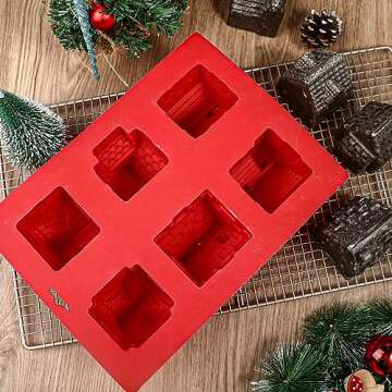 Kamehame Gingerbread House Cake Mold, Christmas Gingerbread House Baking Mold, 6 Cavity 3D Silicone Gingerbread House Pan for Cake Decoration, Cupcake, Soap, Pudding