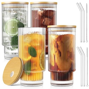 Elegant CWHHRN 16oz Ribbed Glass Cups with Lids and Straws