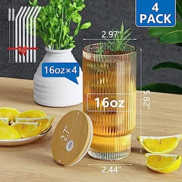 CWHHRN 16oz Ribbed Glass Cups Stylish Drinkware