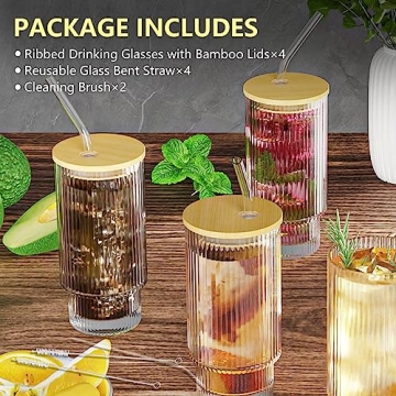 CWHHRN 16oz Ribbed Glass Cups Stylish Drinkware