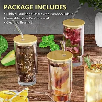 CWHHRN 16oz Ribbed Glass Cups Stylish Drinkware