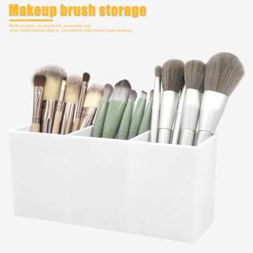 Cerpourt White Makeup Brush Organizer,Acrylic Cosmetic Brushes Storage Holder with 3 Slots,Pencil Pe...