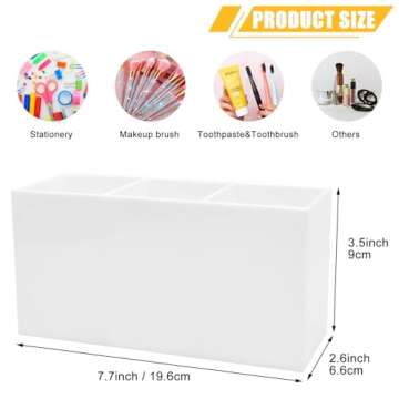 Cerpourt White Makeup Brush Organizer,Acrylic Cosmetic Brushes Storage Holder with 3 Slots,Pencil Pen Holder for Desk,Desk Organizer and Accessories for Vanity
