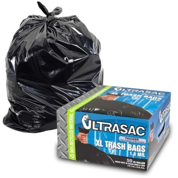 Ultrasac Heavy Duty 45 Gallon Trash Bags Huge 50 Count/w Ties) - 1.8 MIL - 38" x 45" - Large Black P...