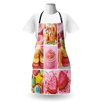 Lunarable Colorful Apron, Collage of Cupcakes Macarons Biscuits Delicious Deserts Candies Heart Shap...