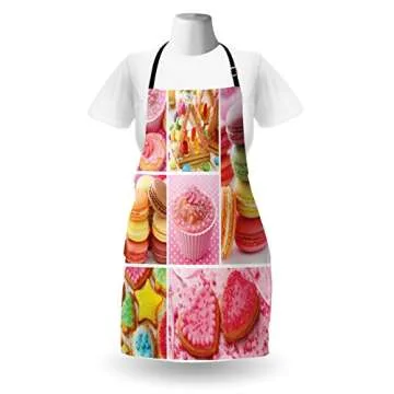 Lunarable Colorful Apron, Collage of Cupcakes Macarons Biscuits Delicious Deserts Candies Heart Shap...