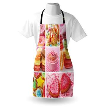 Lunarable Colorful Apron, Collage of Cupcakes Macarons Biscuits Delicious Deserts Candies Heart Shaped Cakes, Unisex Kitchen Bib with Adjustable Neck for Cooking Gardening, Adult Size, Multicolor