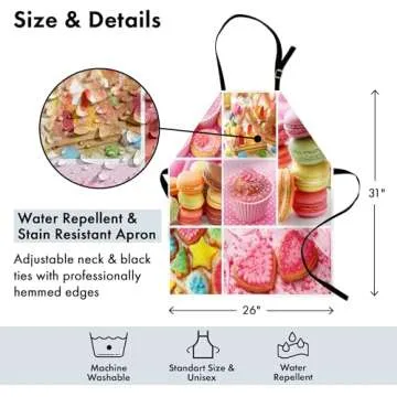 Lunarable Colorful Apron, Collage of Cupcakes Macarons Biscuits Delicious Deserts Candies Heart Shaped Cakes, Unisex Kitchen Bib with Adjustable Neck for Cooking Gardening, Adult Size, Multicolor