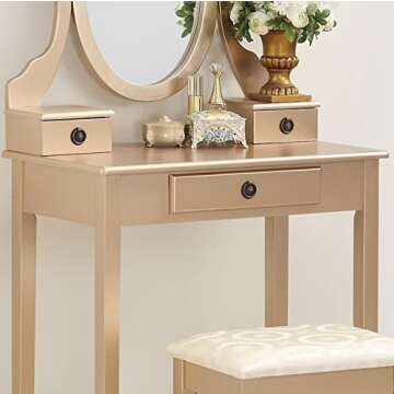 Roundhill Furniture Moniys Wood Moniya Makeup Vanity Table and Stool Set, Gold