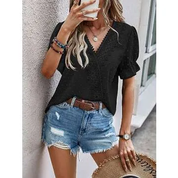 LOLONG Summer Dressy Tops for Women V Neck Puff Short Sleeve Blouse Casual Chiffon Pom Poms Shirts B-Black
