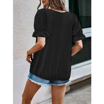 LOLONG Summer Dressy Tops for Women V Neck Puff Short Sleeve Blouse Casual Chiffon Pom Poms Shirts B-Black
