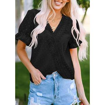 LOLONG Summer Dressy Tops for Women V Neck Puff Short Sleeve Blouse Casual Chiffon Pom Poms Shirts B-Black