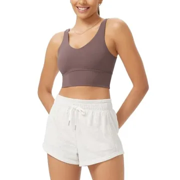 ODODOS Cloud Feeling V Neck Padded Sports Bra for Women U Back Wirefree Yoga Bra Crop Top, Purple Ta...