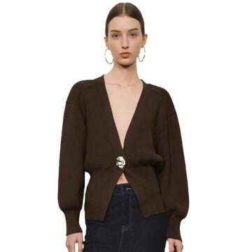 URBAN REVIVO Women Knitted Cardigans Long Sleeve V-Neck Lightweight Sweater One Leaf Button Down Outwear Brown, XX-Large