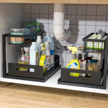 Bukfen Under Sink Organizer, Pull Out Cabinet Organizer 2-Tier Slide Out Sliding Shelf Under Cabinet...