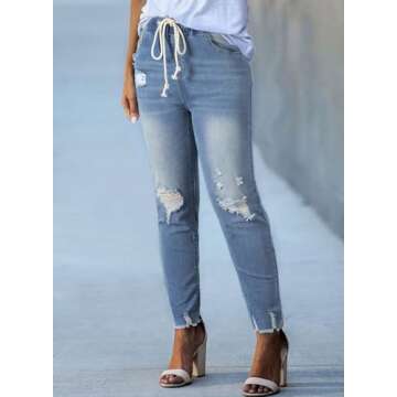 Sidefeel Women's Jeans Joggers Ripped Denim Pants Elastic Waist Drawstring Pull-on Trousers Sky Blue...