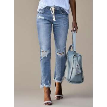 Sidefeel Women's Jeans Joggers Ripped Denim Pants Elastic Waist Drawstring Pull-on Trousers Sky Blue Size 12