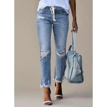 Sidefeel Women's Jeans Joggers Ripped Denim Pants Elastic Waist Drawstring Pull-on Trousers Sky Blue Size 12