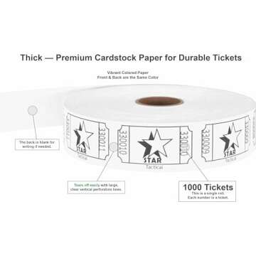 Tacticai 1000 Raffle Tickets, Star, White (8 Color Selection), Single Roll, Ticket for Events, Entry...