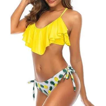 Tempt Me Yellow Two Piece Flounce Bikini Side Tie Bottom Padded Ruffled Top Swimsuit for Women Sexy Triangle Bathing Suit Yellow Pineapple S