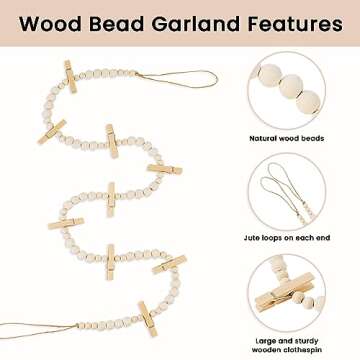 KLOGTSIND Hanging Photo Display Wall Decor, 2PCS Boho Wooden Bead Garland Collage Picture Frame with 9 Wood Clips for Bedroom, Living Room, Office, Dorm Decor, Photos Holder Teen Girl Gifts