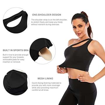 Youloveit One Shoulder Sports Bras for Women Medium Support Longline Padded Yoga Crop Tank Top with Built in Sports Bra（Black,S