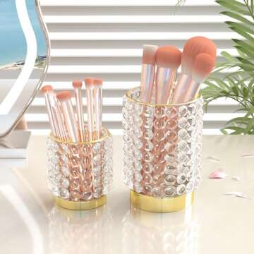 AZeeKMon Makeup Brush Holder Organizer, Clear Cosmetic Glass Storage Holder, Vintage Crystal Bubble Gold Make Up Brush Cup Pen Pencil Holder