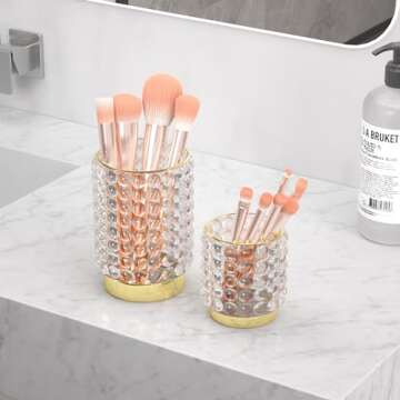 AZeeKMon Makeup Brush Holder Organizer, Clear Cosmetic Glass Storage Holder, Vintage Crystal Bubble Gold Make Up Brush Cup Pen Pencil Holder