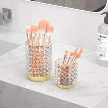 AZeeKMon Makeup Brush Holder Organizer, Clear Cosmetic Glass Storage Holder, Vintage Crystal Bubble Gold Make Up Brush Cup Pen Pencil Holder