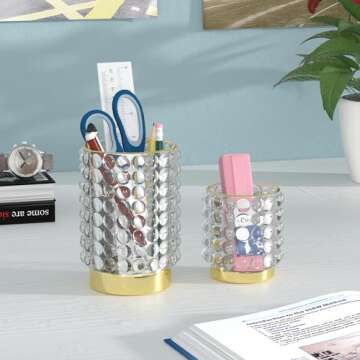 AZeeKMon Makeup Brush Holder Organizer, Clear Cosmetic Glass Storage Holder, Vintage Crystal Bubble Gold Make Up Brush Cup Pen Pencil Holder